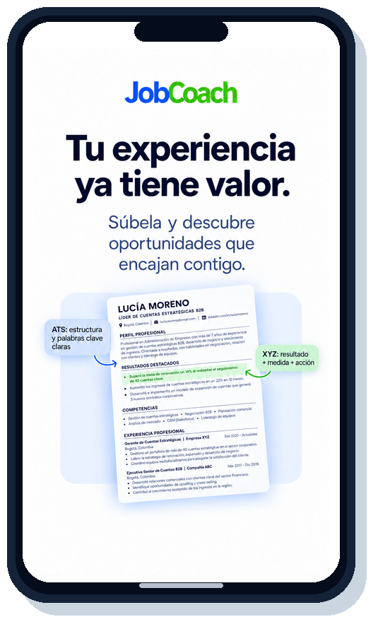 Pantalla de JobCoach mostrando un CV optimizado con anotaciones ATS y XYZ