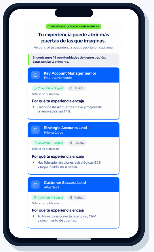Pantalla de JobCoach con una lista de oportunidades y su porcentaje de encaje