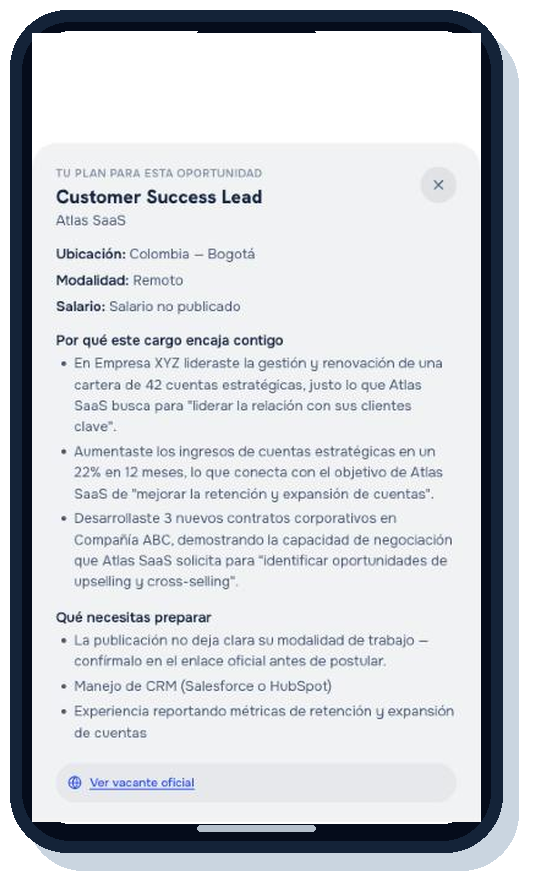 Pantalla de JobCoach explicando por qué el perfil encaja con una vacante