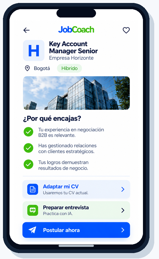Pantalla de JobCoach con la ficha de una vacante y la acción de preparar entrevista